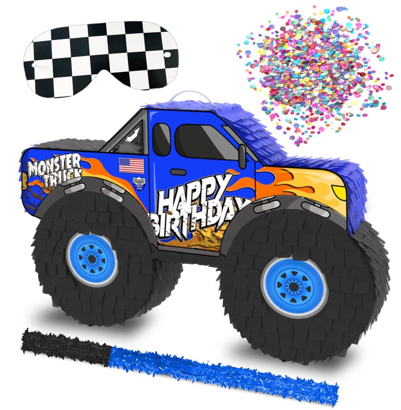 Jergrim Monster Truck Piata Small 4 Piece Set perfect for Kids Birthday Parties Race Car Party Supplies fits piata candy and party favors 16X10 Durable Blue Monster Truck - Image 3