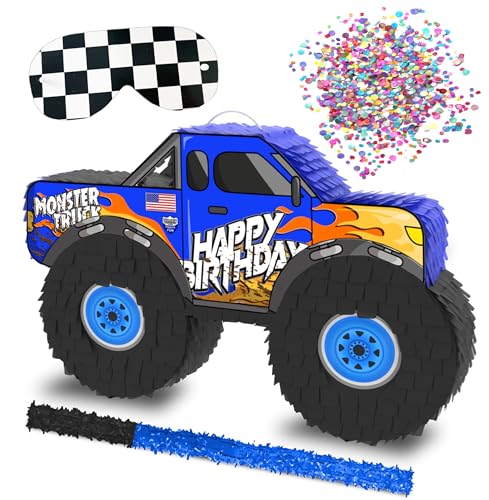 Jergrim Monster Truck Piata Small 4 Piece Set perfect for Kids Birthday Parties Race Car Party Supplies fits piata candy and party favors 16X10 Durable Blue Monster Truck - Image 1