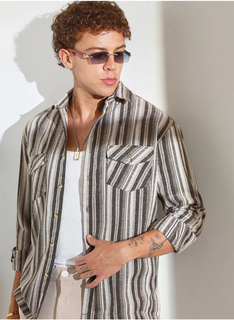 Campus Sutra Men's Taupe Brown & Sepia Brown Multitrack Striped Oversized Shirt