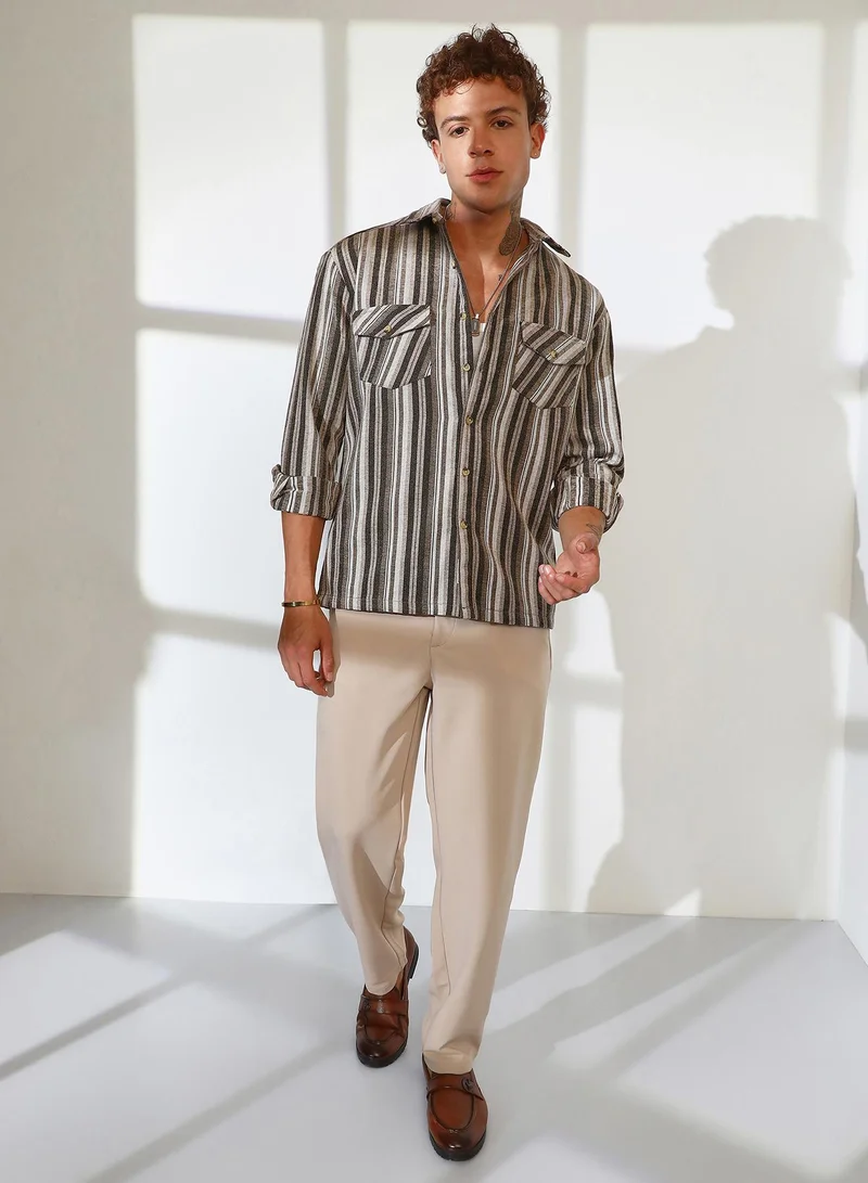 Campus Sutra Men's Taupe Brown & Sepia Brown Multitrack Striped Oversized Shirt
