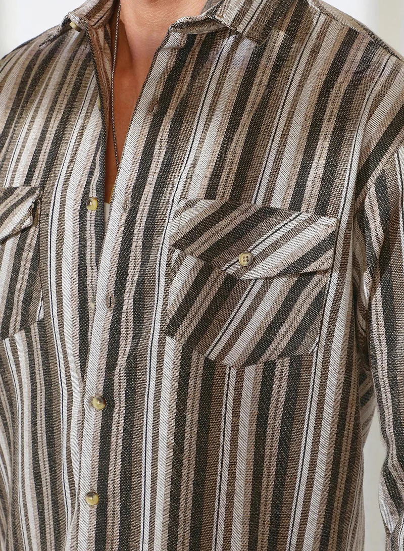 Campus Sutra Men's Taupe Brown & Sepia Brown Multitrack Striped Oversized Shirt