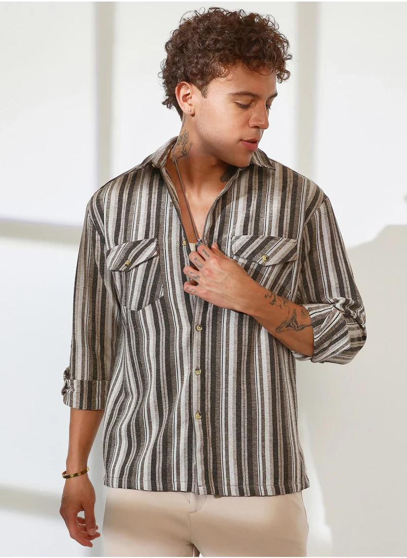 Campus Sutra Men's Taupe Brown & Sepia Brown Multitrack Striped Oversized Shirt