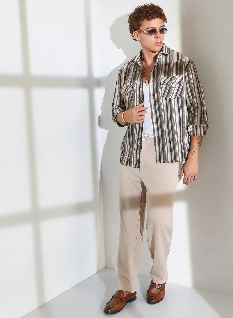 Campus Sutra Men's Taupe Brown & Sepia Brown Multitrack Striped Oversized Shirt