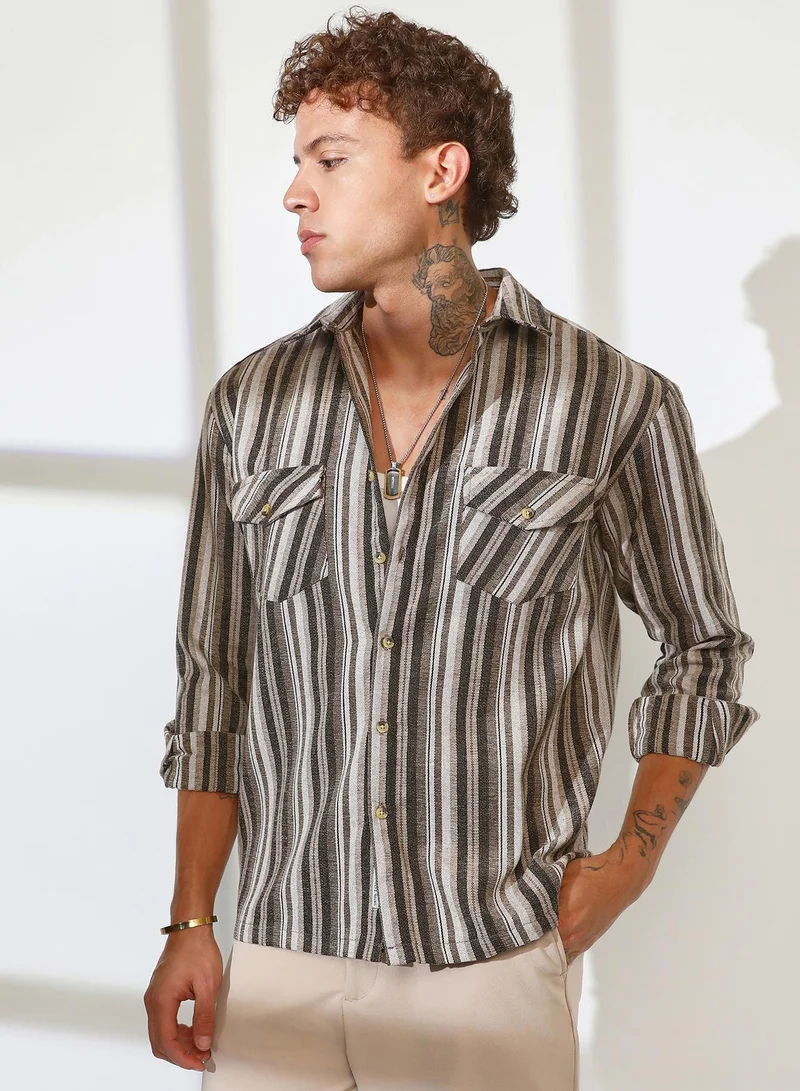 Campus Sutra Men's Taupe Brown & Sepia Brown Multitrack Striped Oversized Shirt