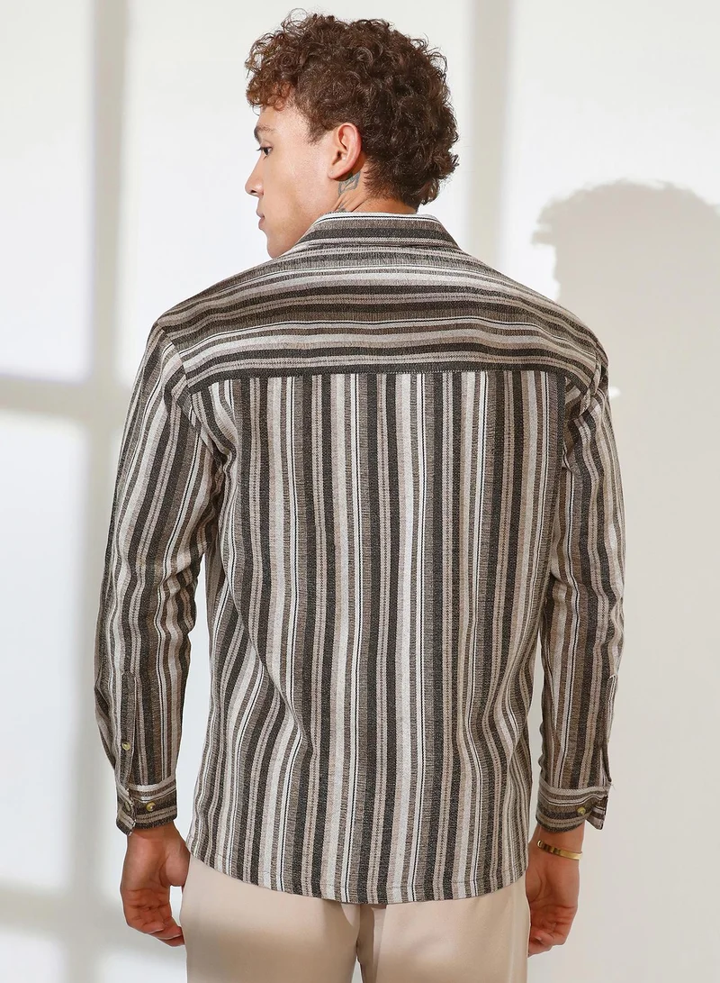 Campus Sutra Men's Taupe Brown & Sepia Brown Multitrack Striped Oversized Shirt