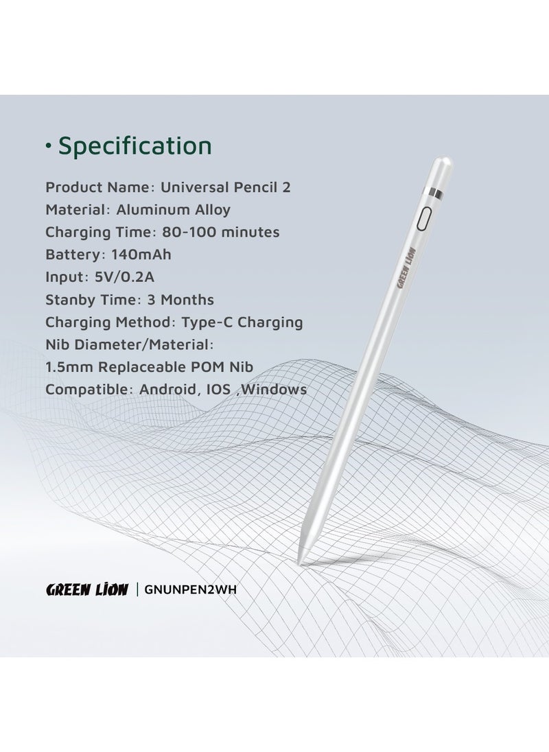 GREEN LION - Universal Pencil 2 Smooth Moving 8 Hours Working Time Durable Tip Replaceable Tip Compatible with Android, Compatible With iOS and Windows / 3 Month Standby Time - White - Image 1