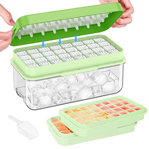 PHINOX Ice Cube Tray With Lid and Bin Ice Trays for Freezer Flexible Ice Cube Trays Making 64 pcs Ice Cubes Chilling Cocktail Whiskey Coffee with 2 trays Ice Container ScoopCover BPA Free