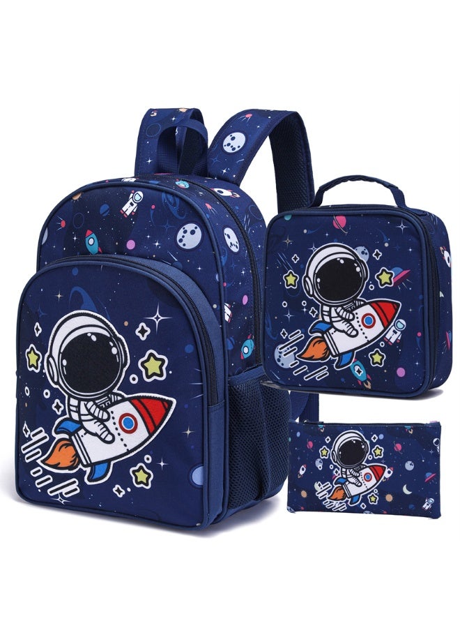 Kids School Bag, 3 in 1 Astronaut Printed Backpack with Pencil Case and Lunch Bag, Fashion Students Bookbag Travel Rucksack for Girls and Boys (D11, Astronaut Blue) - Image 1
