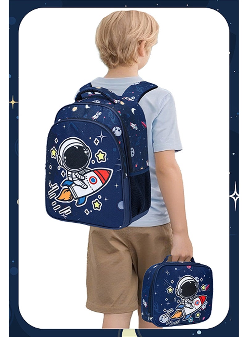 Kids School Bag, 3 in 1 Astronaut Printed Backpack with Pencil Case and Lunch Bag, Fashion Students Bookbag Travel Rucksack for Girls and Boys (D11, Astronaut Blue) - Image 2