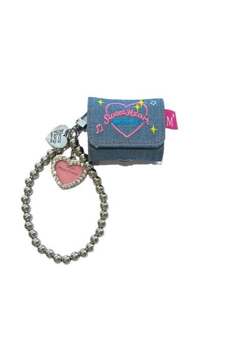 Retro Denim Y2K Millennium Wind Airpods 3 Generation Protective Cover For Apple Wireless Bluetooth Headset Pro2 Generation-color:Leather Flip Earphone Cover Denim Color Love + Chain-Applicable Models:Universal For Airpods 3rd Generation/Pro