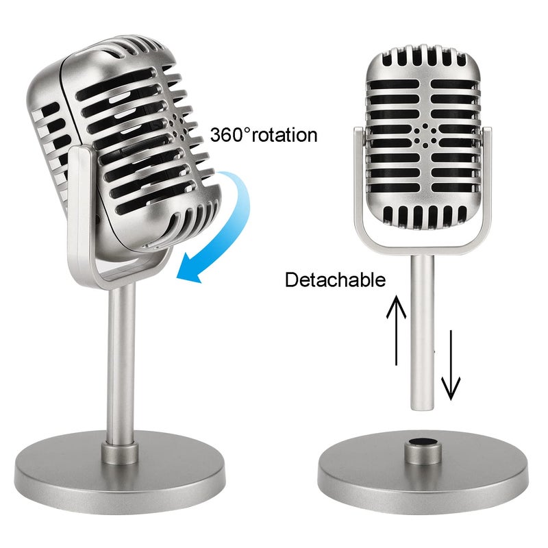 Facmogu Classic Retro Style Microphone Prop with Stand, Fake Vintage Microphone Decor for Party Decorations - Silver - Image 4