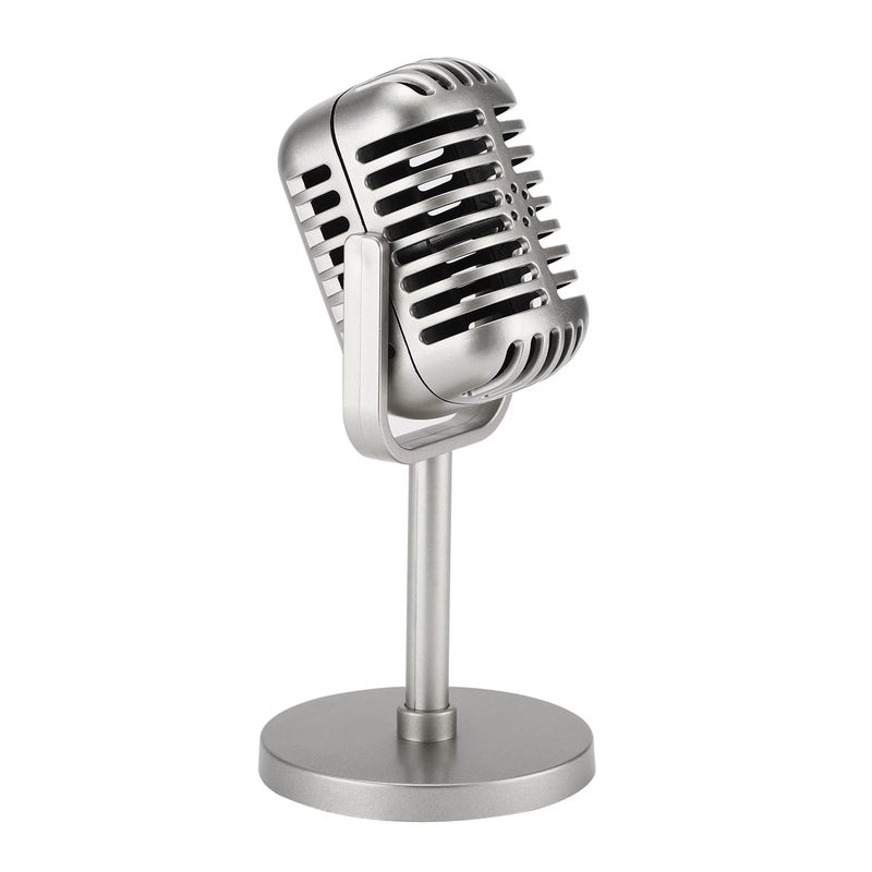 Facmogu Classic Retro Style Microphone Prop with Stand, Fake Vintage Microphone Decor for Party Decorations - Silver - Image 1