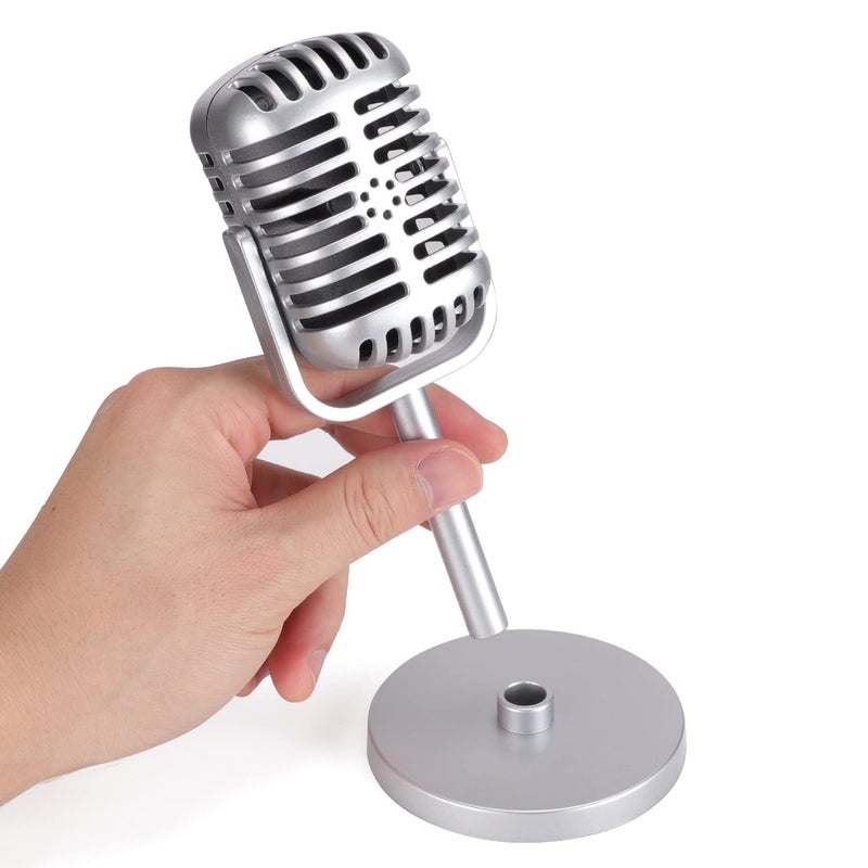 Facmogu Classic Retro Style Microphone Prop with Stand, Fake Vintage Microphone Decor for Party Decorations - Silver - Image 2