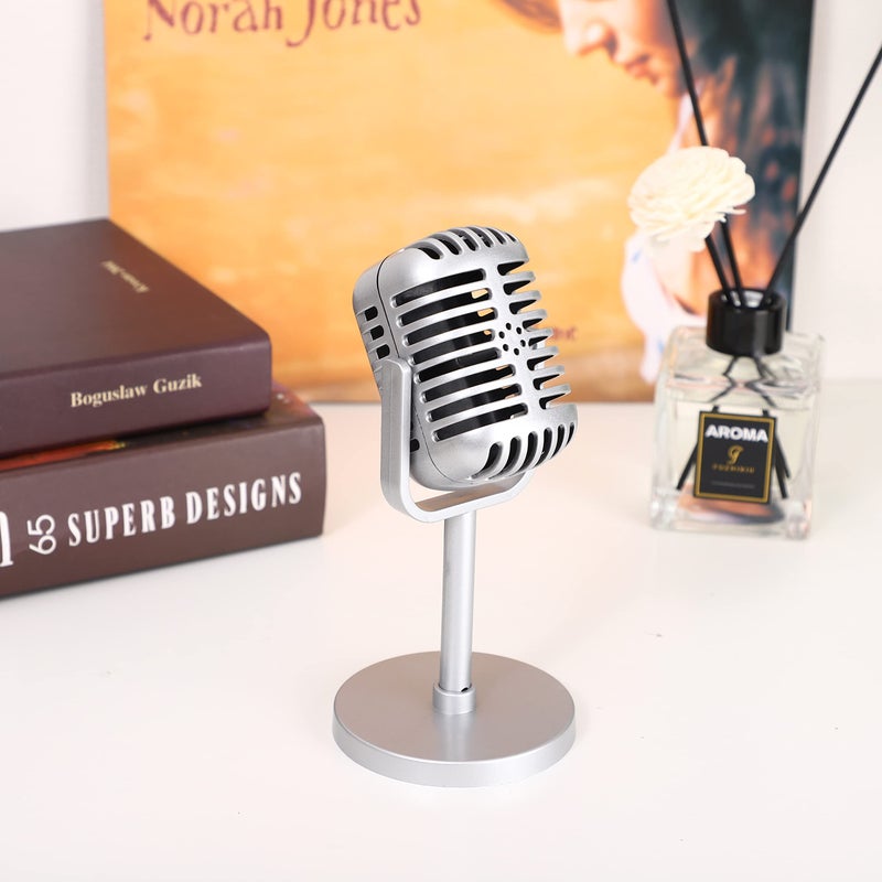 Facmogu Classic Retro Style Microphone Prop with Stand, Fake Vintage Microphone Decor for Party Decorations - Silver - Image 5