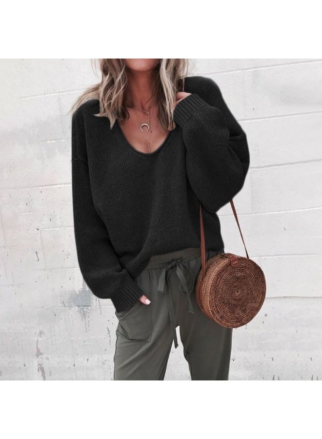 NIBEMINENT Solid Deep V Neck Sweater For Women Elegant Loose Long Sleeved Knitted Pullover  Autumn Winter Fashion Casual Lady - Image 1