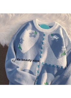 Generic Retro HK-JP Style Love Knit Sweater Loose Autumn Winter Blue  - Image 2