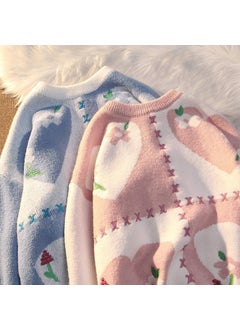 Generic Retro HK-JP Style Love Knit Sweater Loose Autumn Winter Blue  - Image 5