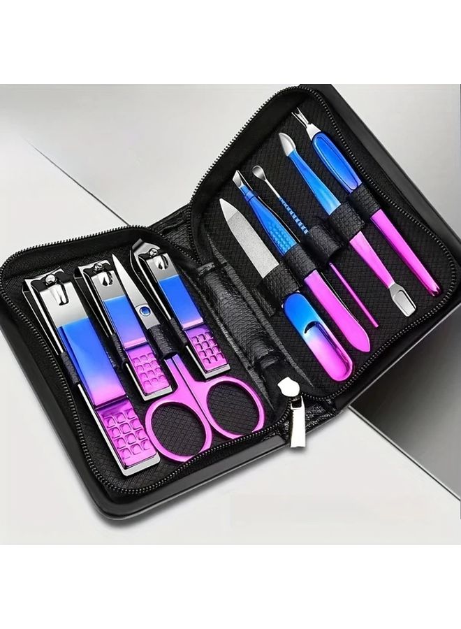 9pcs Blue Red Gradient Stainless Steel Nail Clipper Set With Splash Proof Nail Clippers Scissors Cuticle Nippers - Image 4