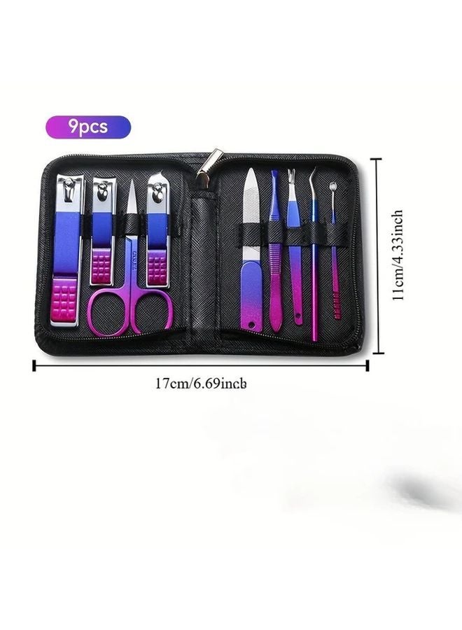 9pcs Blue Red Gradient Stainless Steel Nail Clipper Set With Splash Proof Nail Clippers Scissors Cuticle Nippers - Image 1