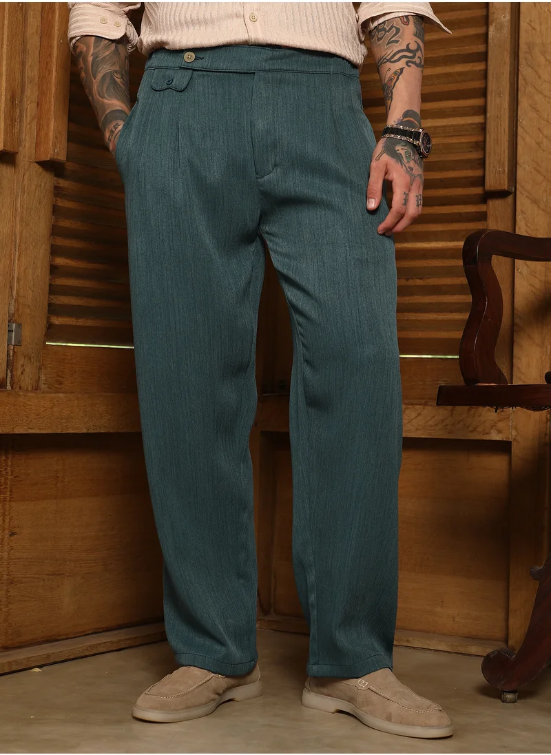 كامبوس سوترا Men's Emerald Green Pleated Extended-Button Trousers For Casual Wear | Mid-Rise | Straight Fit | Button Closure | Trousers Crafted With Comfort Fit For Everyday Wear