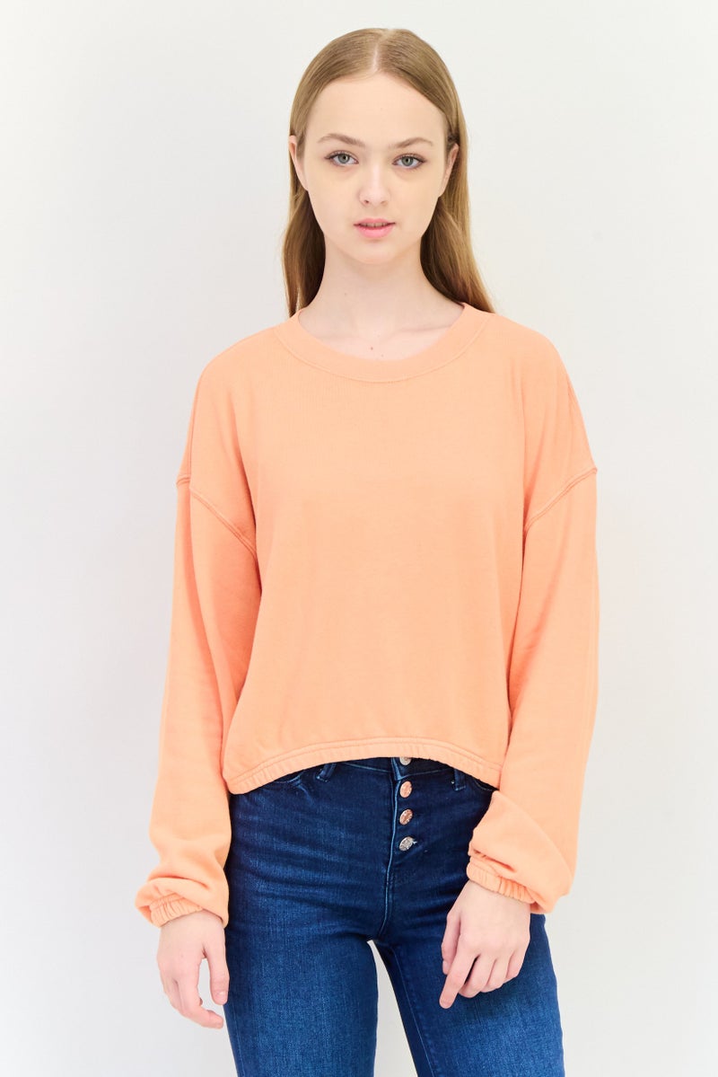 Aerie سويت شيرت قصير بأكمام طويلة و ياقة دائرية للنساء، برتقالي - Image 1