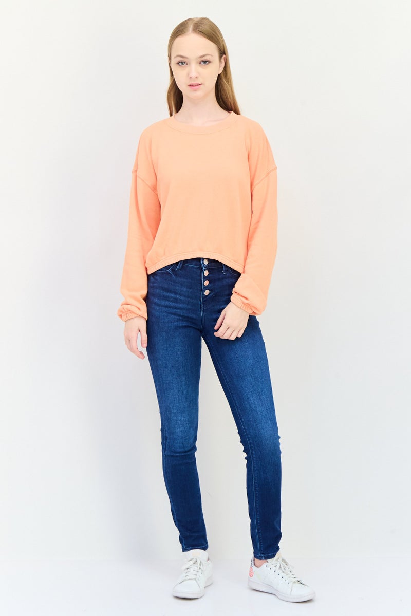 Aerie سويت شيرت قصير بأكمام طويلة و ياقة دائرية للنساء، برتقالي - Image 2