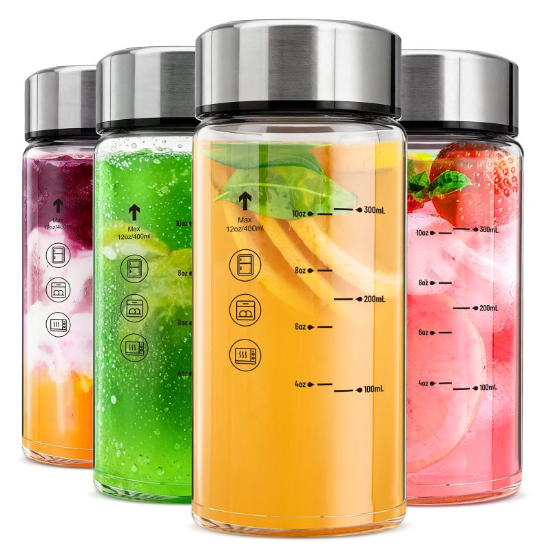 Yirilan 12 oz glass bottles with lids 4 Pack Glass Juice Bottles Reusable Water Bottle for Juicing Stainless Steel Lids Juicer Bottles Leakproof BPA Free - Image 2