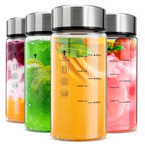 Yirilan 12 oz glass bottles with lids 4 Pack Glass Juice Bottles Reusable Water Bottle for Juicing Stainless Steel Lids Juicer Bottles Leakproof BPA Free - Image 1