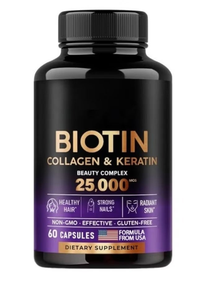 Biotin, Collagen & Keratin Complex – 25,000 mcg Hair, Skin & Nails Supplement – Hyaluronic Acid + B-Vitamins (B2, B3, B6, B7) – Clinically Tested Formula for Women & Men – 60 Capsules - Image 1