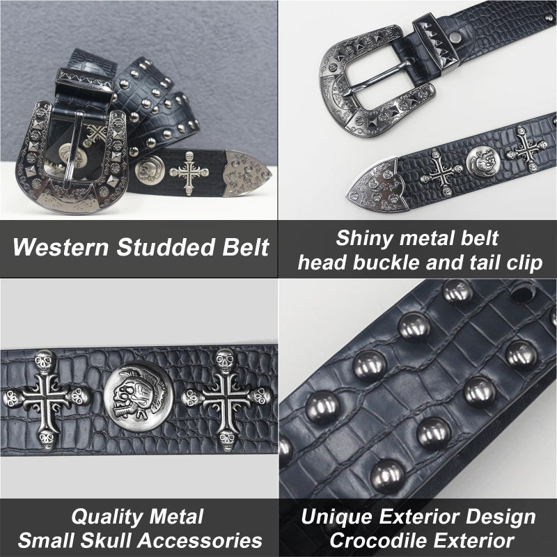 EVERBLTING Black Western Cowboy Belt for Men Women Western Cowboy Cowgirl Y2k Studded Belt Western Punk Studded Belts 105 - Image 3