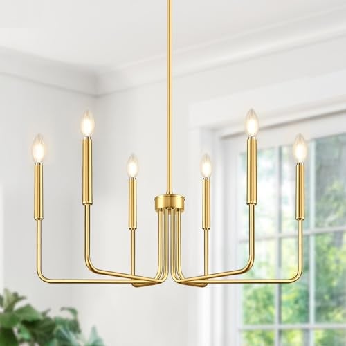Lynnoland Brass Gold Chandelier, 6-Light Chandelier Light Fixture Farmhouse Chandeliers for Dining Room, Vintage Candle Pendant Light Fixtures Chandelier for Bedroom, Kitchen, Foyer, Entryway and Living Room - Image 1