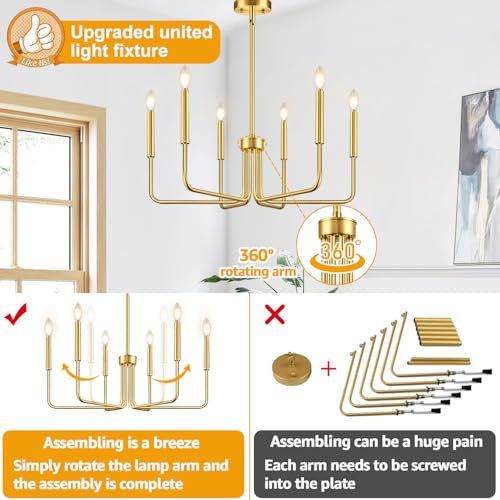 Lynnoland Brass Gold Chandelier, 6-Light Chandelier Light Fixture Farmhouse Chandeliers for Dining Room, Vintage Candle Pendant Light Fixtures Chandelier for Bedroom, Kitchen, Foyer, Entryway and Living Room - Image 3
