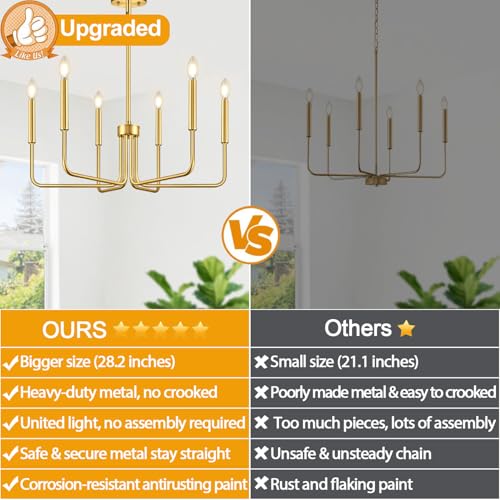 Lynnoland Brass Gold Chandelier, 6-Light Chandelier Light Fixture Farmhouse Chandeliers for Dining Room, Vintage Candle Pendant Light Fixtures Chandelier for Bedroom, Kitchen, Foyer, Entryway and Living Room - Image 2