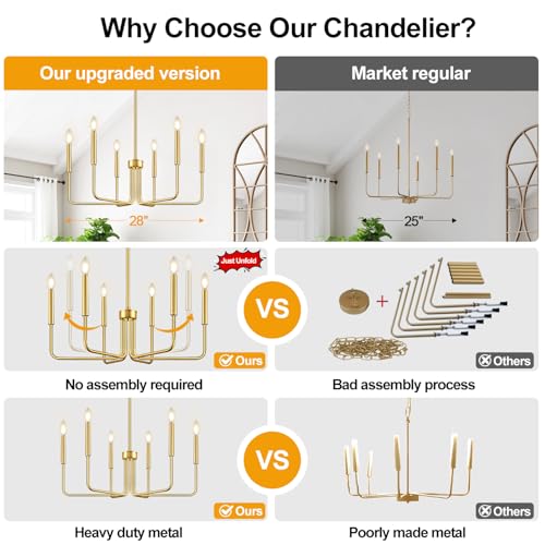 Lynnoland Brass Gold Chandelier, 6-Light Chandelier Light Fixture Farmhouse Chandeliers for Dining Room, Vintage Candle Pendant Light Fixtures Chandelier for Bedroom, Kitchen, Foyer, Entryway and Living Room - Image 5