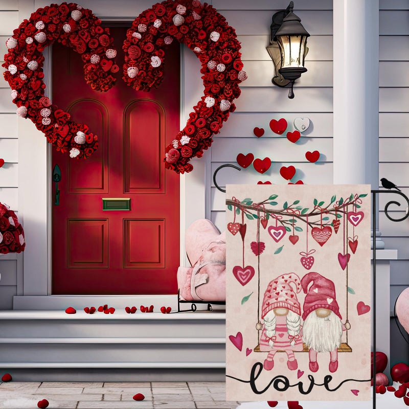 ZAEW Valentineâ€™s Day Romantic Swing Gnome Love Hearts Garden Flag Yard Flag 12x18 Inch Double Sided Small Mini Yard Outdoor Outside Holiday Decoration - Image 4
