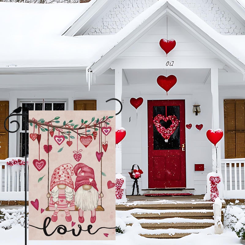 ZAEW Valentineâ€™s Day Romantic Swing Gnome Love Hearts Garden Flag Yard Flag 12x18 Inch Double Sided Small Mini Yard Outdoor Outside Holiday Decoration - Image 2
