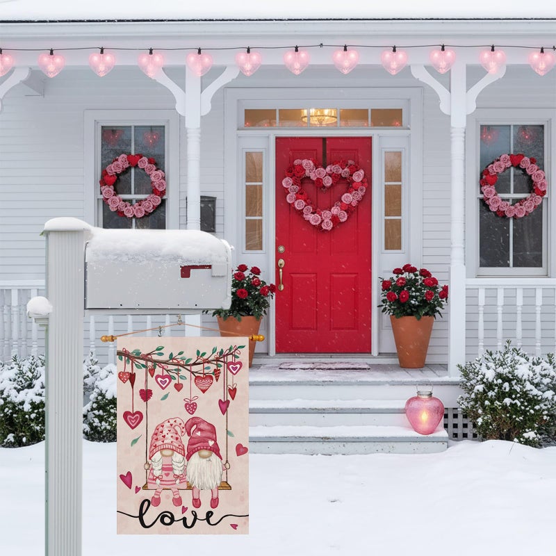 ZAEW Valentineâ€™s Day Romantic Swing Gnome Love Hearts Garden Flag Yard Flag 12x18 Inch Double Sided Small Mini Yard Outdoor Outside Holiday Decoration - Image 3