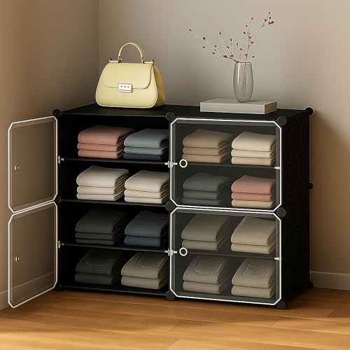 AYSIS Portable Collapsible Wardrobe for Clothes Storage 𝟖 𝐒𝐡𝐞𝐥𝐟 & 𝟒 𝐃𝐨𝐨𝐫𝐬 – Cloth Organizer Cupboard/Multipurpose Storage Organizer/Closet for Bedroom/Living Room/Laundry Room - 𝐁𝐥𝐚𝐜𝐤 - Image 1