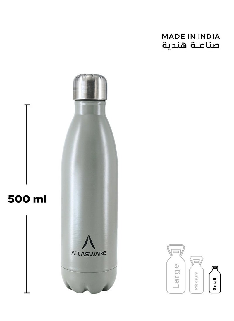 Atlasware - Water Bottle with a Capacity of 500 ml, Stainless Steel Water Bottle that keeps Cold for 37 Hours and Keeps Heat for 16 Hours, Gray - Image 1