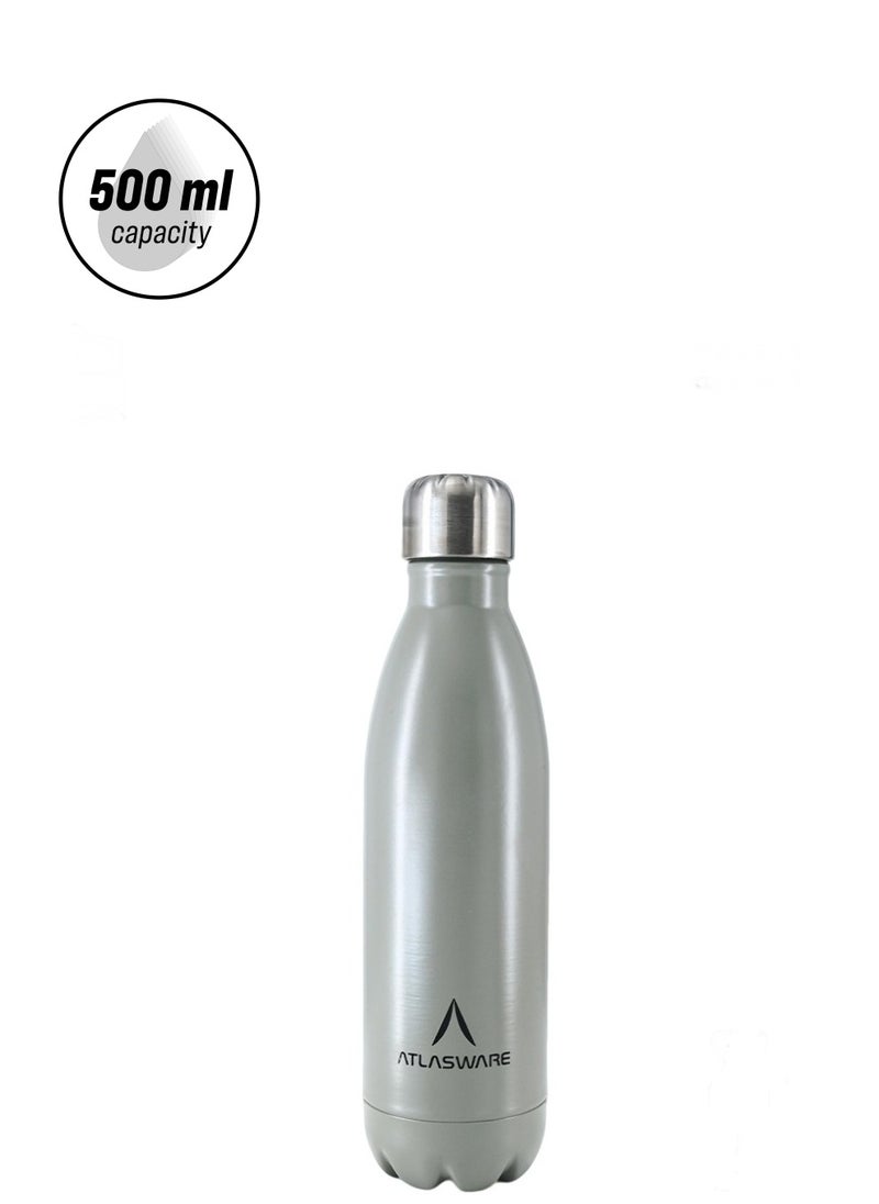 Atlasware - Water Bottle with a Capacity of 500 ml, Stainless Steel Water Bottle that keeps Cold for 37 Hours and Keeps Heat for 16 Hours, Gray - Image 1