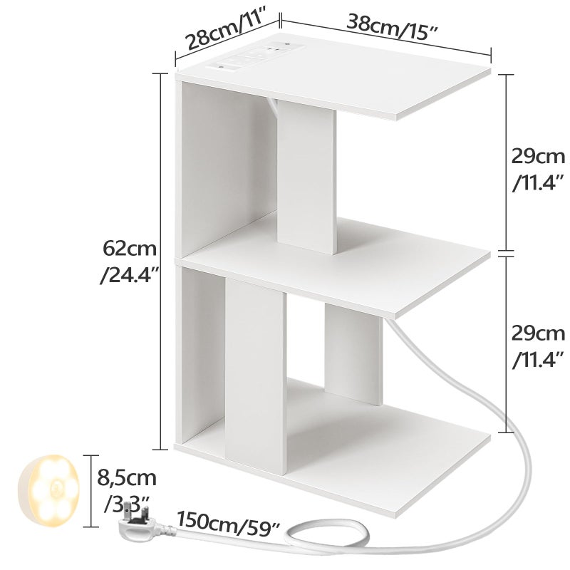 MAHANCRIS Modern End Table with Charging Station, Narrow Nightstand for Small Spaces, Narrow Bedside Tables with Storage Shelves, Wooden Small Nightstand with Light for Living Room, White ETWT18E01Z - Image 3