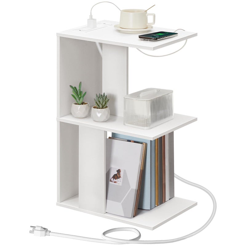 MAHANCRIS Modern End Table with Charging Station, Narrow Nightstand for Small Spaces, Narrow Bedside Tables with Storage Shelves, Wooden Small Nightstand with Light for Living Room, White ETWT18E01Z - Image 1