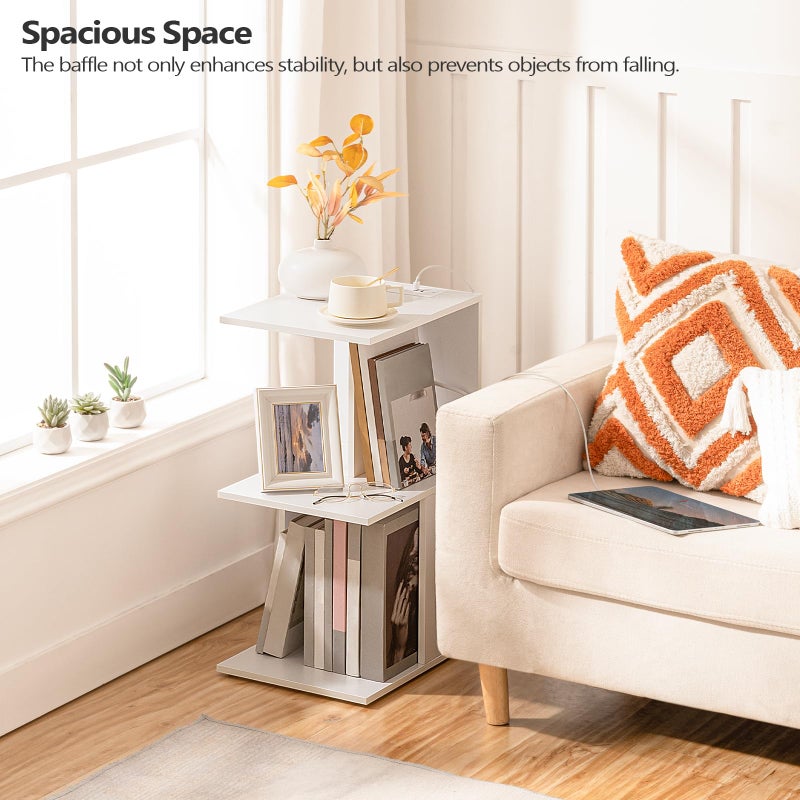 MAHANCRIS Modern End Table with Charging Station, Narrow Nightstand for Small Spaces, Narrow Bedside Tables with Storage Shelves, Wooden Small Nightstand with Light for Living Room, White ETWT18E01Z - Image 5