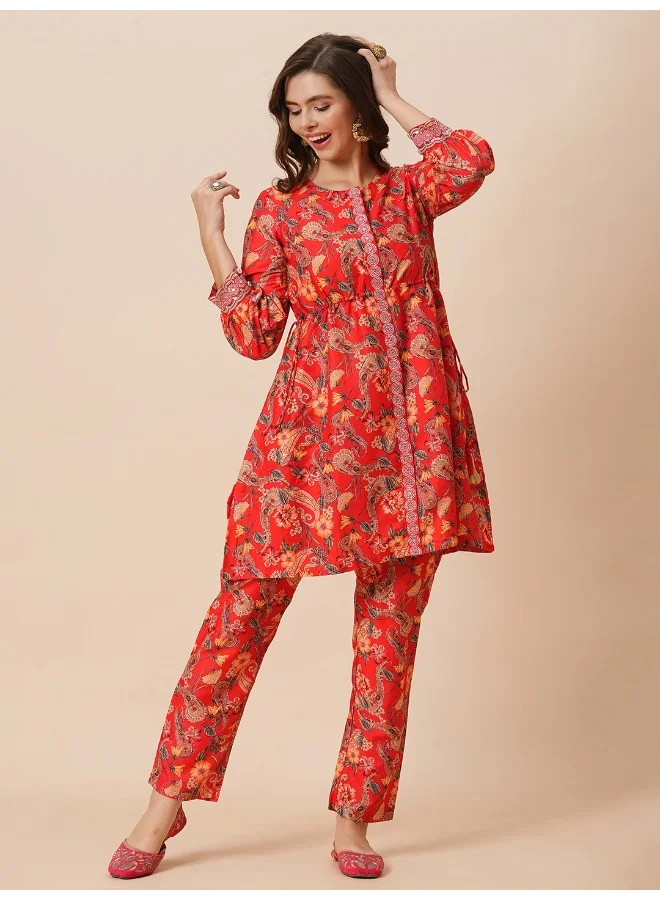 globus Globus Women Round Neck Floral Print Drawstring Detail Tunic & Mid-Rise Pants Festive Co-Ord Set