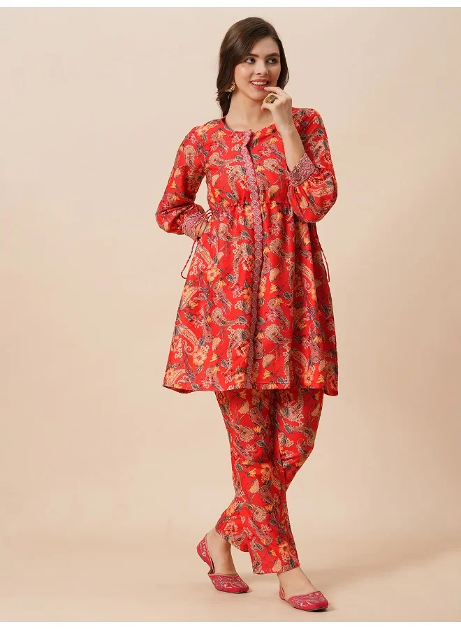 globus Globus Women Round Neck Floral Print Drawstring Detail Tunic & Mid-Rise Pants Festive Co-Ord Set