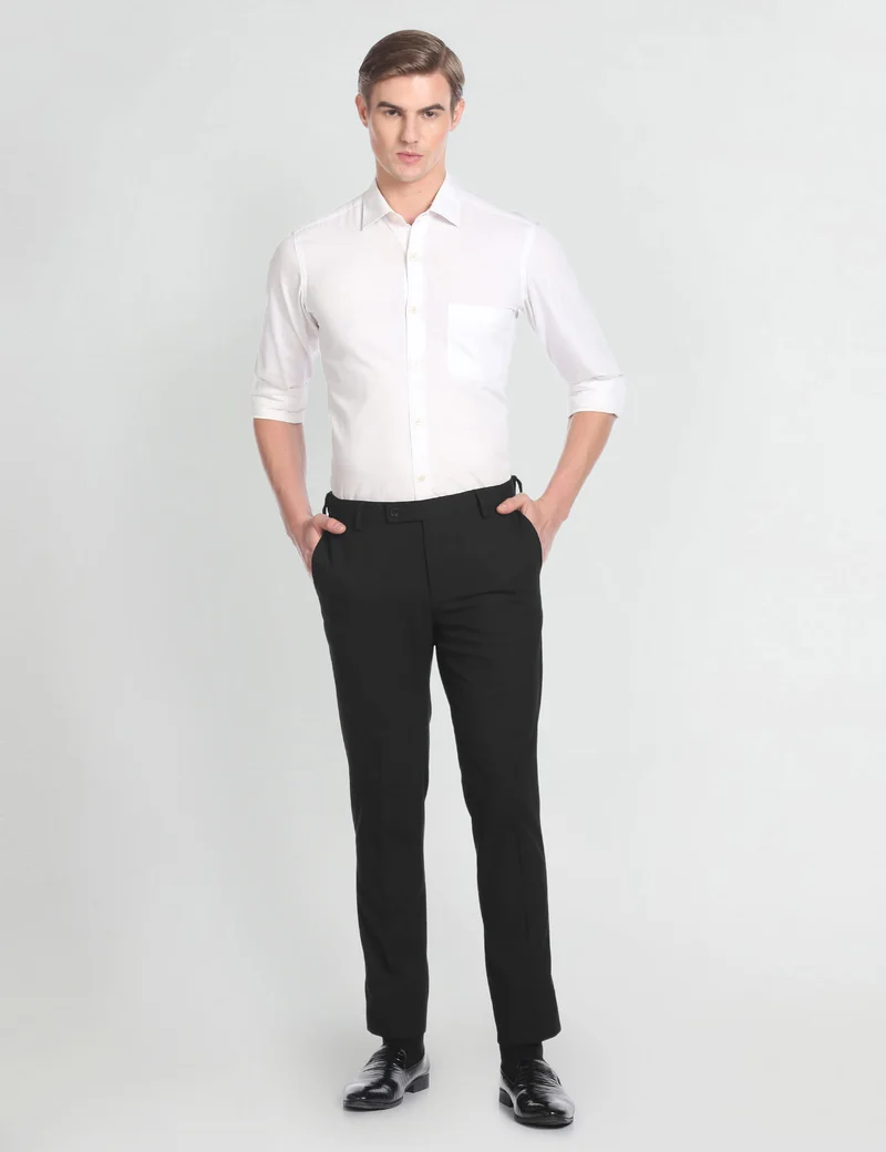 Arrow Black Geometric Dobby Autoflex Trousers for Men | Best Price UAE
