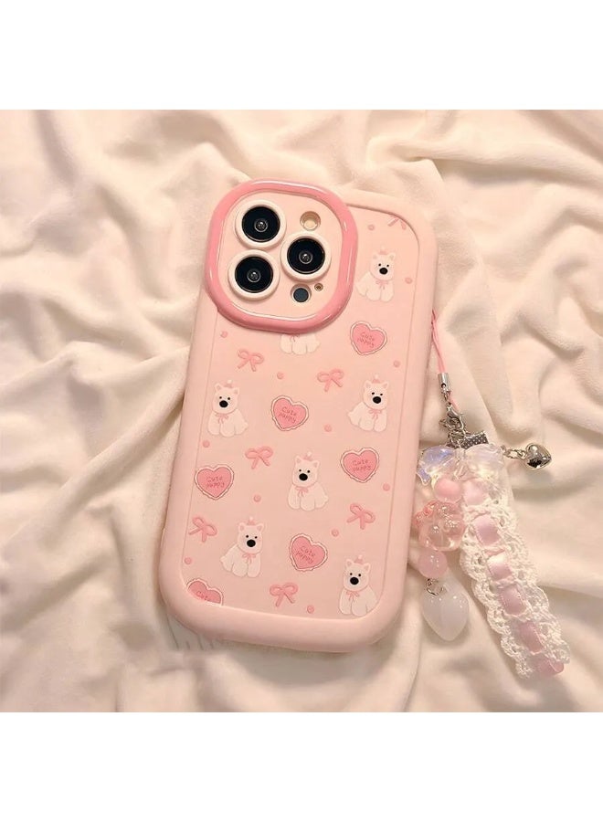 شي إن كفر هاتف بصورة كلب جميل وفيونكة وردية، يمكن مطابقته مع تعليقة هاتف بنفس الطراز، متوافق مع هواتف ايفون ١٤ بروماكس - Image 1