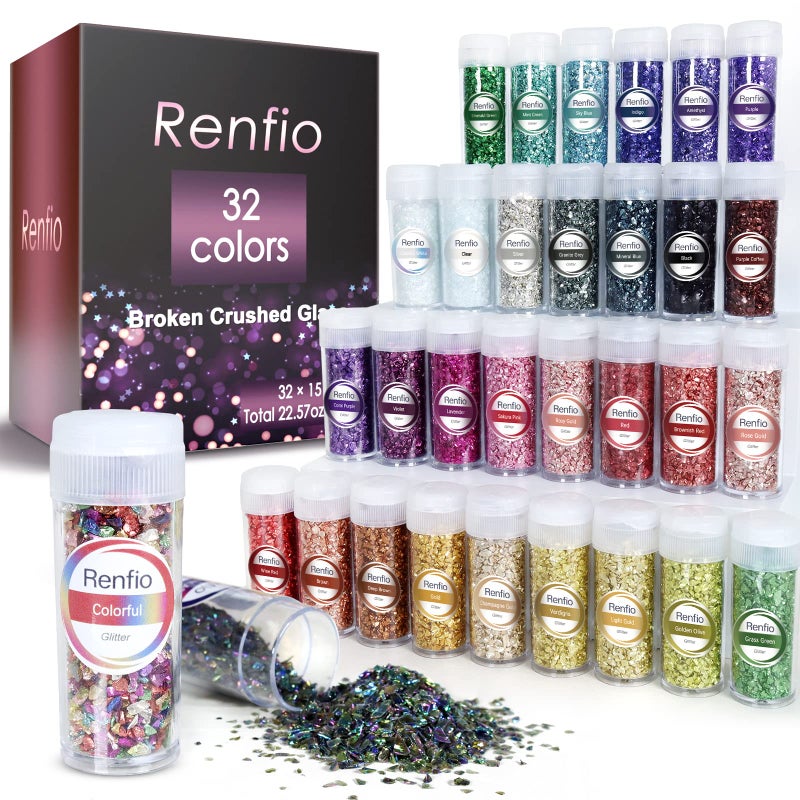 Renfio 32 Colors Broken Crushed Glass Glitter Set 2257oz 640g Glitter Shards 24mm Irregular Metallic Glass Chips Crystal Chunky Flakes Sequins Gravel for Resin Craft Supplies Jewelry Making Nail - Image 2