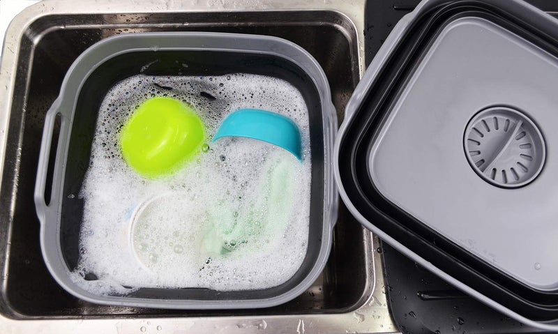 SAMMART SAMMART 10L (2.64 Gallon) Collapsible Dishpan with Draining Plug - Foldable Washing Basin - Portable Dish Washing Tub - Space Saving Kitchen Storage Tray (1, Grey/Black)  - Image 4