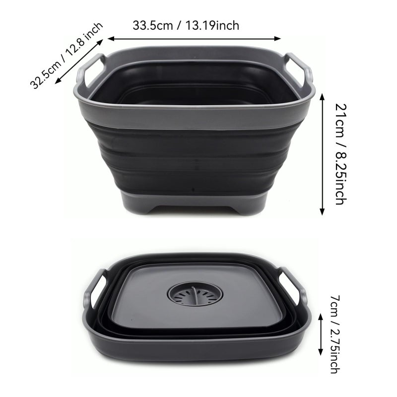 SAMMART SAMMART 10L (2.64 Gallon) Collapsible Dishpan with Draining Plug - Foldable Washing Basin - Portable Dish Washing Tub - Space Saving Kitchen Storage Tray (1, Grey/Black)  - Image 2